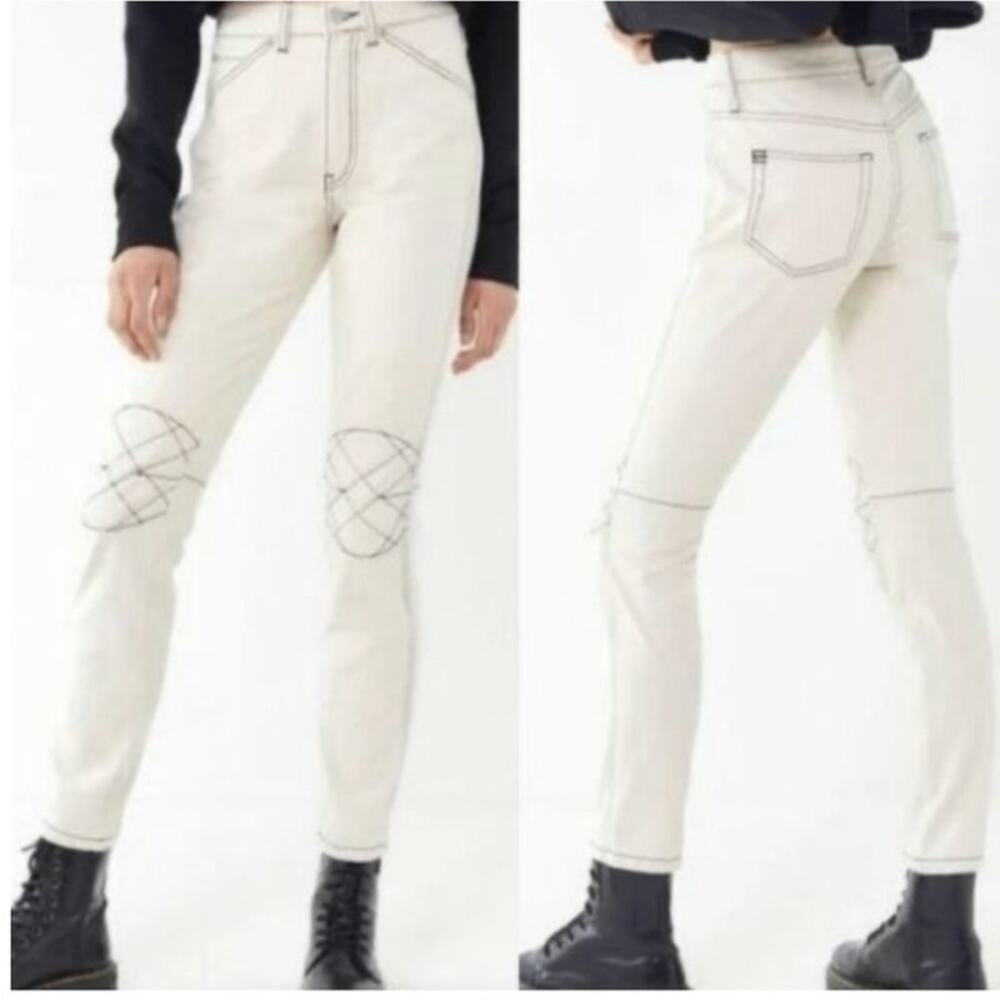 BDG Jeans Women's 28 Quinn High Rise Contrast Stitch Cropped Moto Skinny Cream